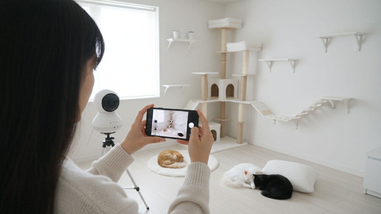 ペットカメラの映像をスマホで見る女性